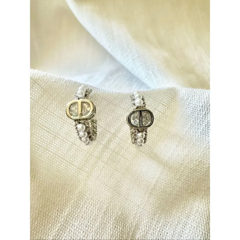 Cubic zirconia faux pearl hoop earrings